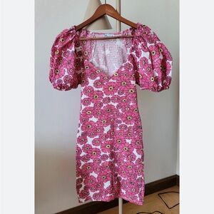 NEW ZARA PRINTED BALLOON SLEEVE DRESS MINI WOMENS SIZE S V NECK FLORAL SMOCKED